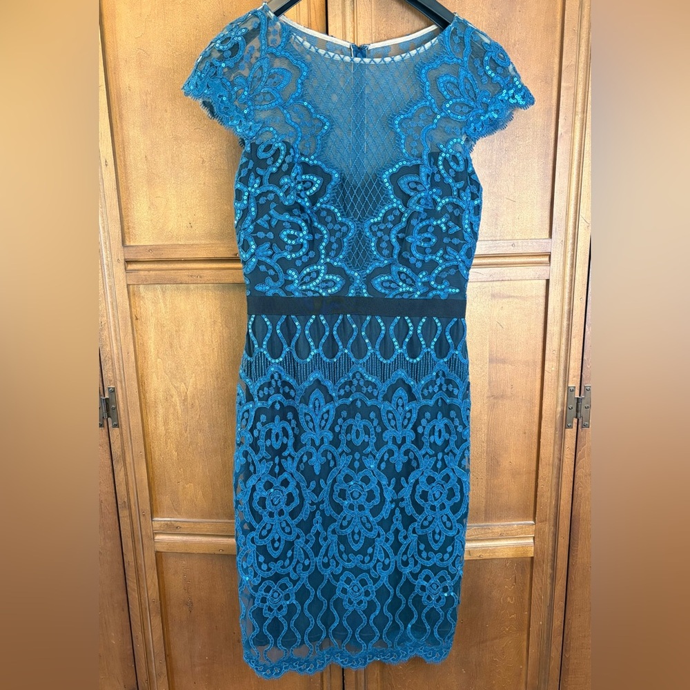 Tadashi Shoji Miranda Sequin Lace Cocktail Dress Sheath Teal 6